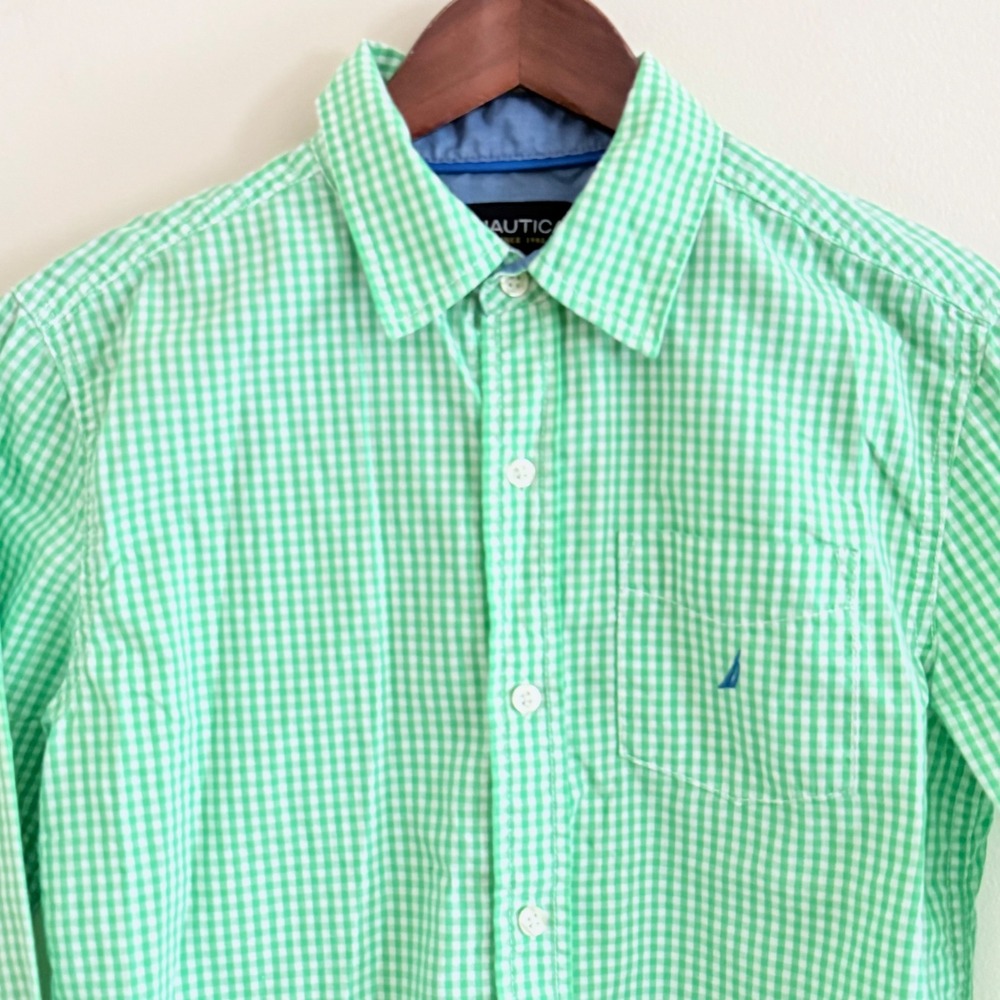Nautica Boys Green White Gingham Check Long Sleeve Button Down Shirt Sz M 10/12 - Picture 2 of 5